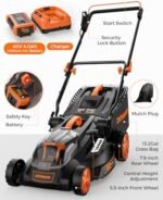 40V 19" Cordless Lawn Mower, Brushless Push Lawn Mower w/ 13.2Gal Bag, 98% Grass Collection, 3-Step Quicker Foldable, 6-Position Height Adjustment Meets Various Cutting Needs  Patio, Lawn & Garden - Color : A-Black&Orange - Image 8